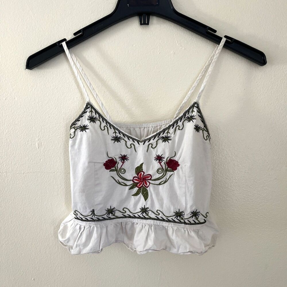 Handmade Floral Cottage Fairy Western Embroidered Cropped V Neck Top, White- S